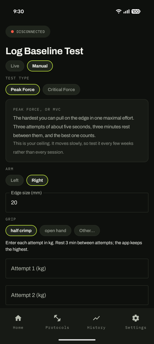Log baseline test screen explaining what peak force measures.