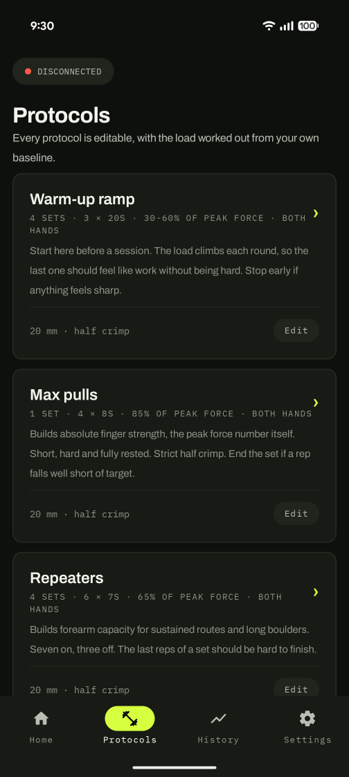 The Protocols list: warm-up ramp, max pulls and repeaters, each editable.