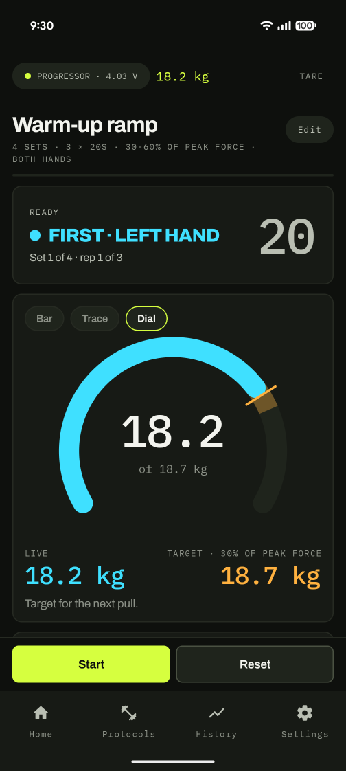 A protocol ready to start, showing the left hand first and a dial against an 18.7 kg target.