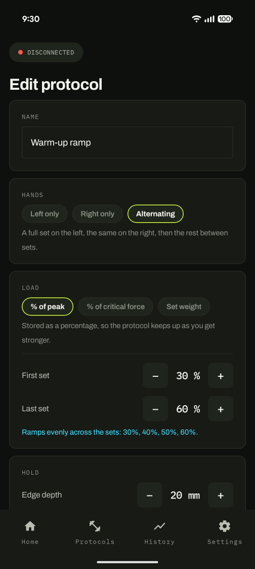 Editing the warm-up ramp: alternating hands, ramping from 30 to 60 percent of peak.
